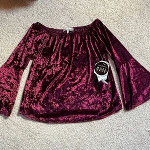 Pink velvet crave fame off the shoulder top.